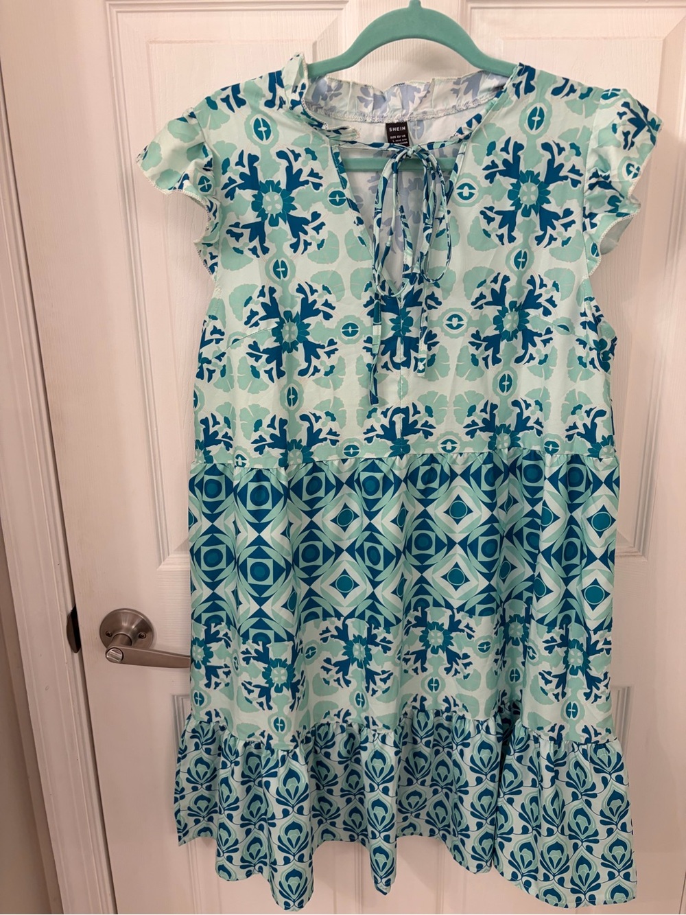 SHEIN Mint & Teal Printed Tie-Front Ruffle Hem Casual Dress
